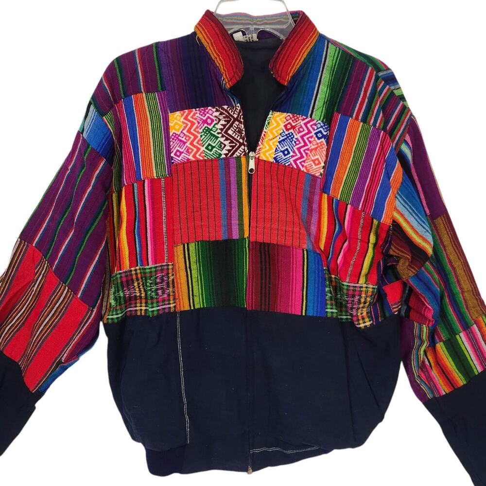 VTG WOMEN 90s JACKET XL BOLD COLORFUL HIPPIE BOHO FESTIVAL PATCHWORK ARTSY EUC